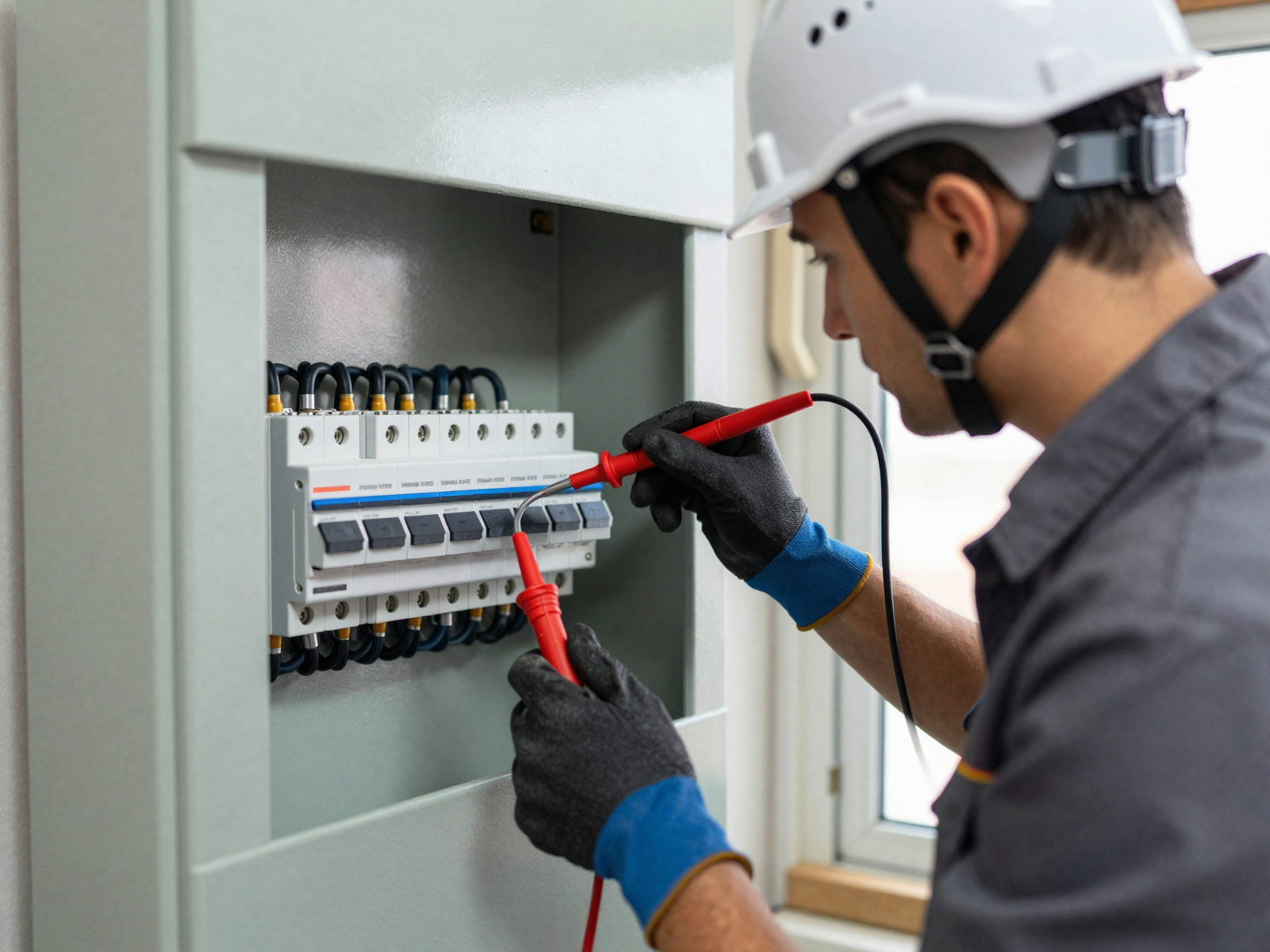 Electrician working on residential electrical panel with safety equipment