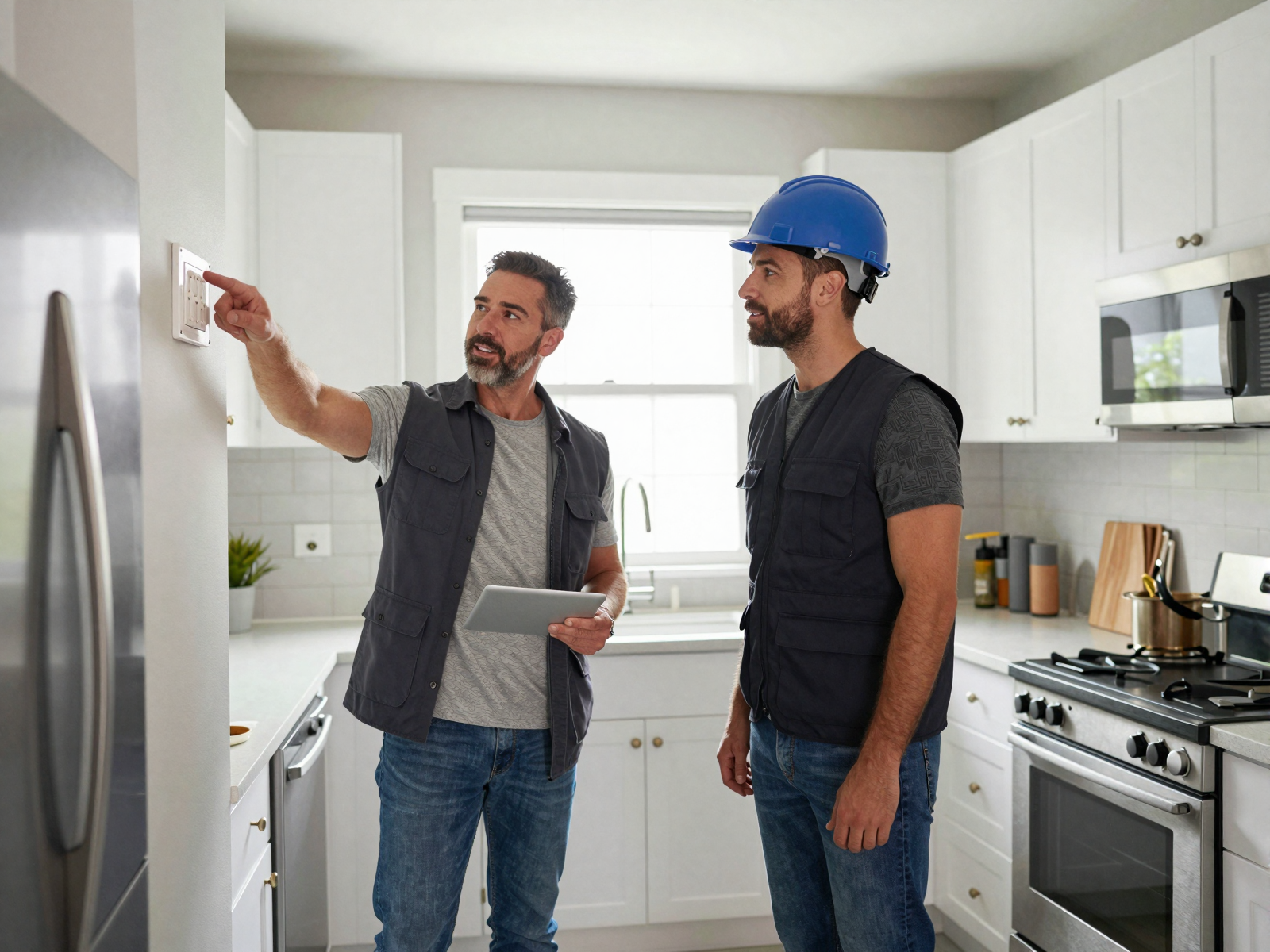 Professional electrician consulting with homeowner about electrical upgrade