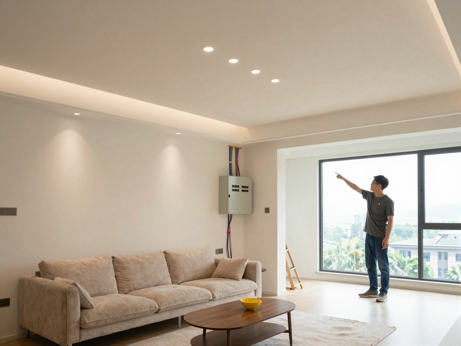 Completed electrical installation in residential home with professional lighting
